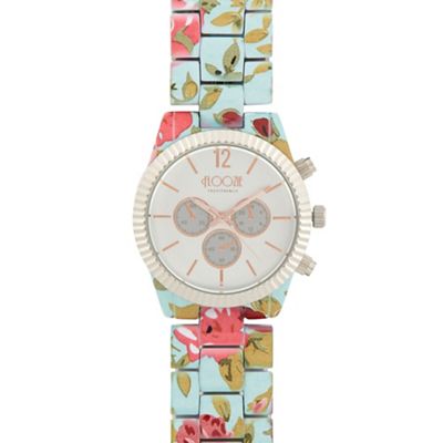 Ladies aqua floral mock chronograph watch